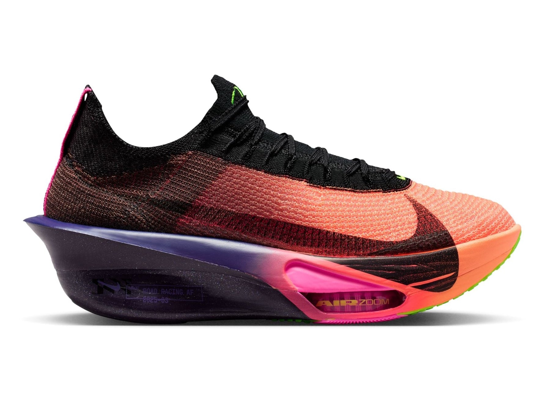 Nike Alphafly 3 running shoes. Multicolored sneaker with a unique sole design on a white background