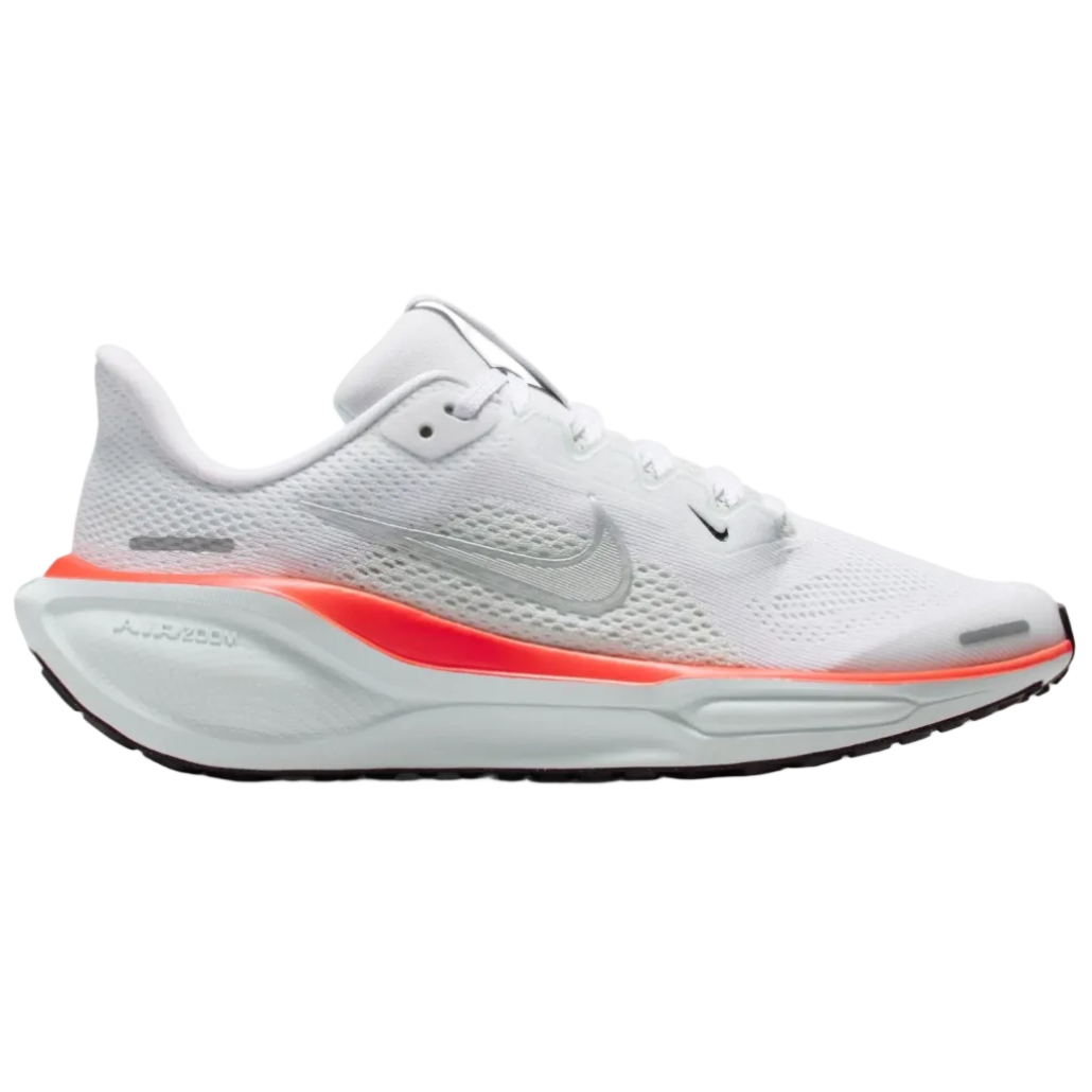 White running shoe with red sole on a white background