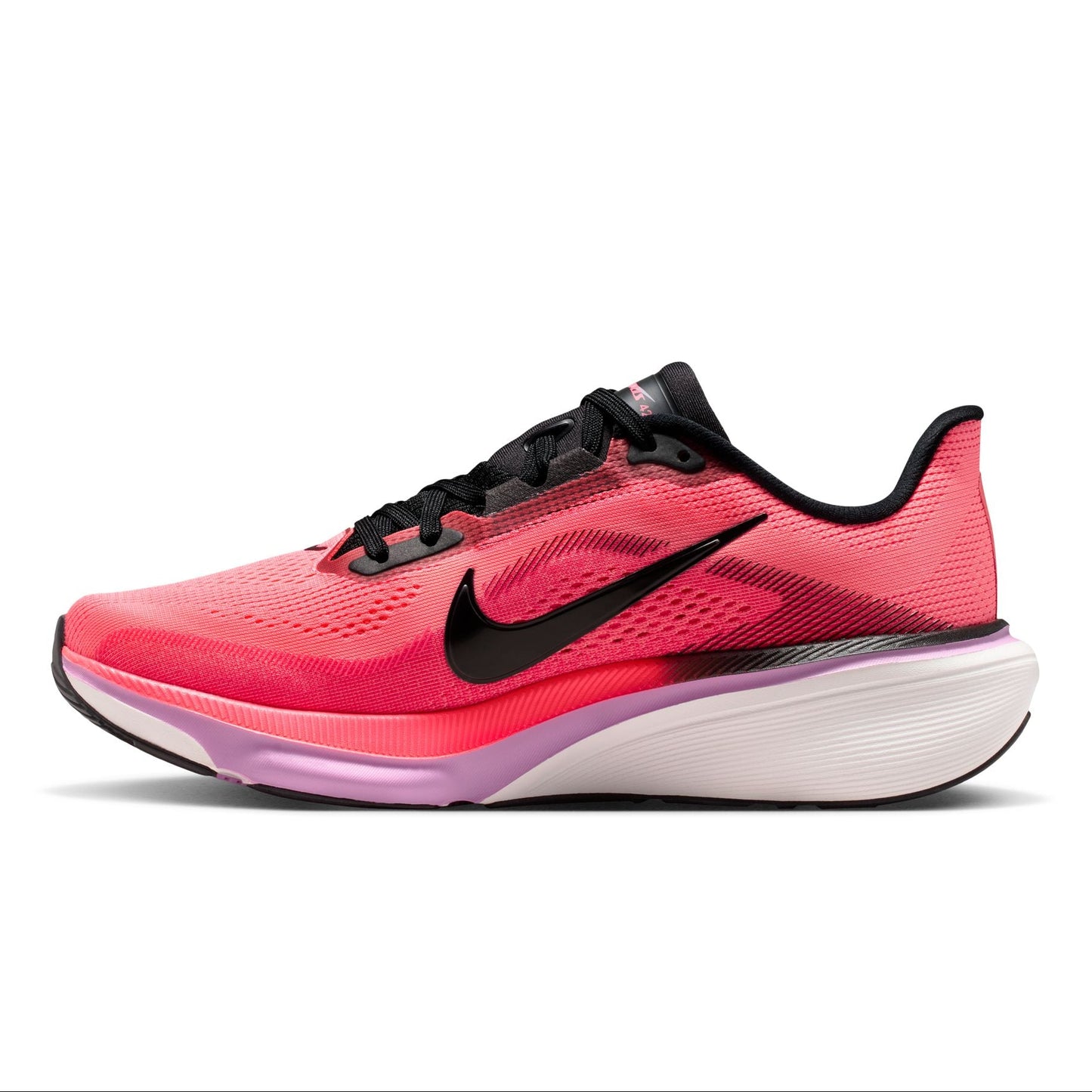 Pink running shoe with black swoosh logo on a white background