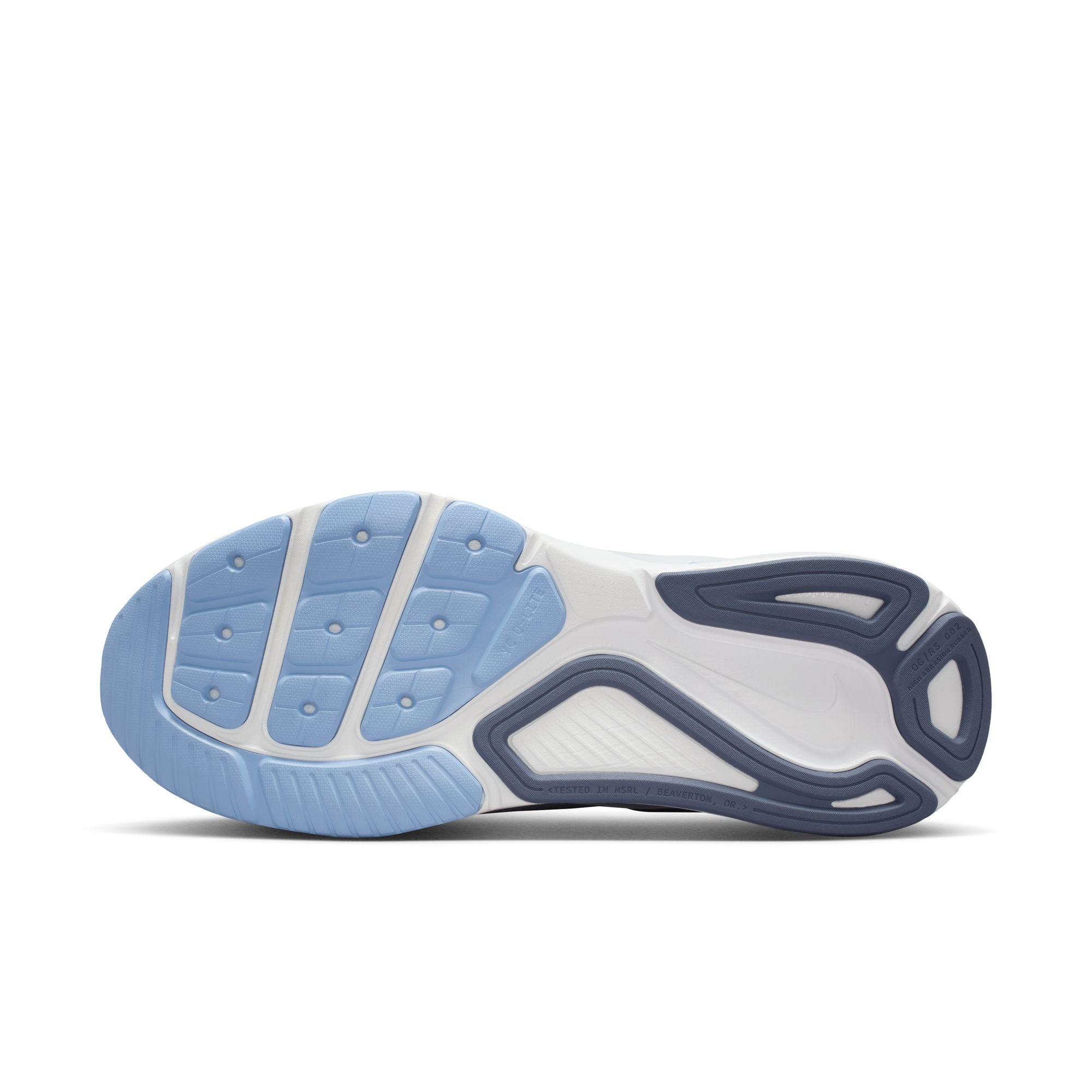 Side view of a blue and white athletic shoe on a white background