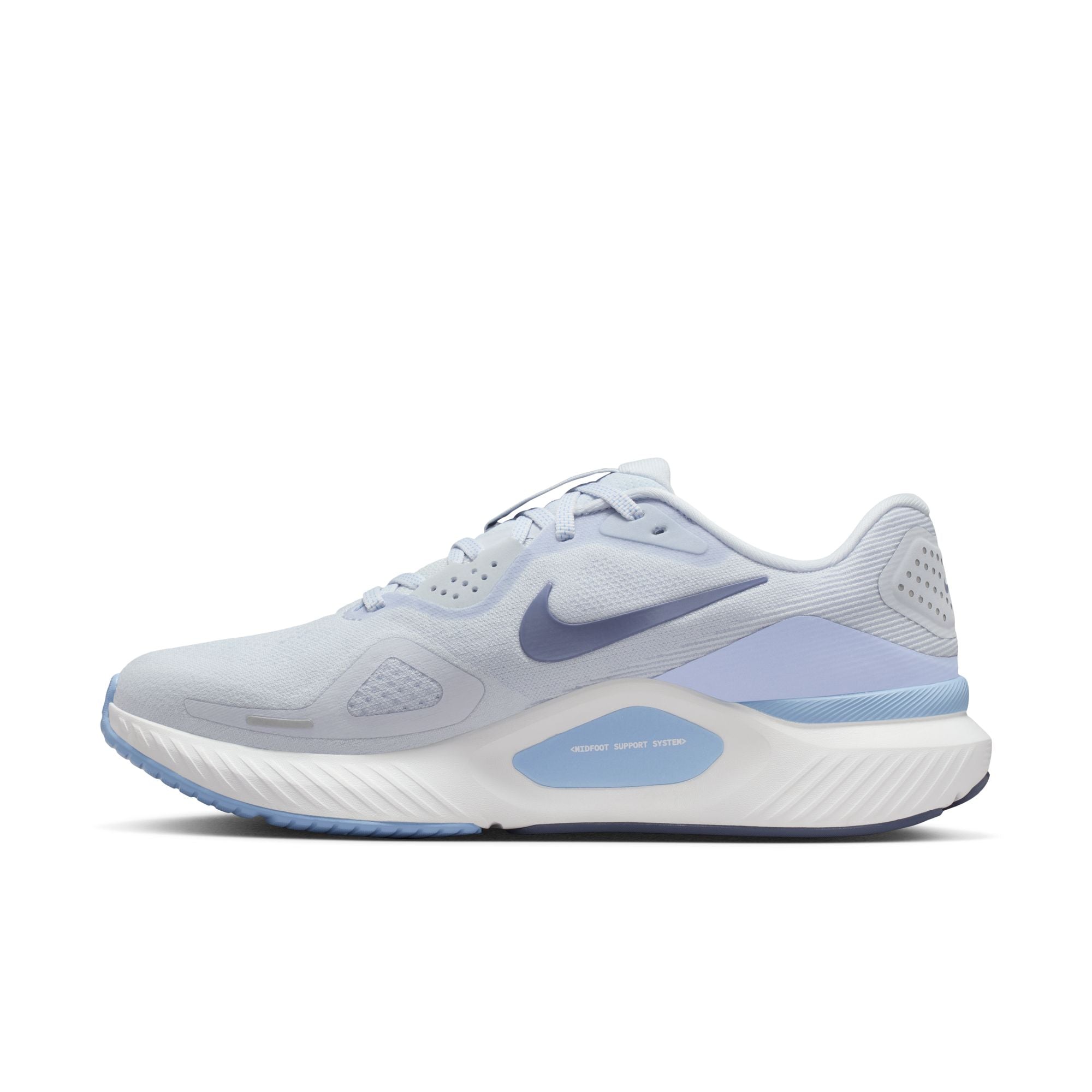White running shoe with blue accents on a white background