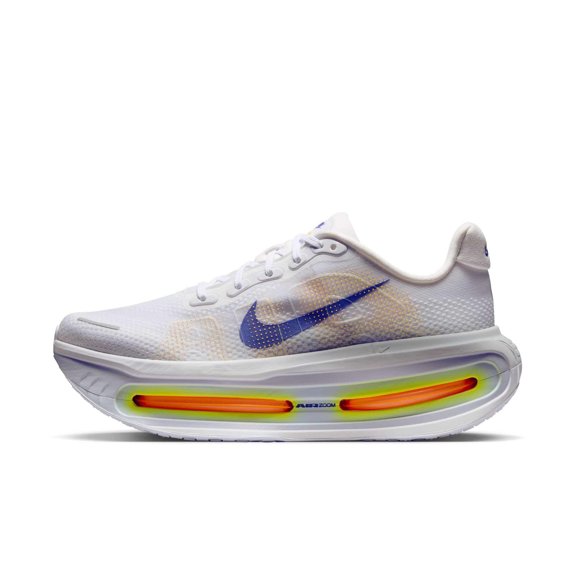 White shoe with blue, yellow orange accents on white background