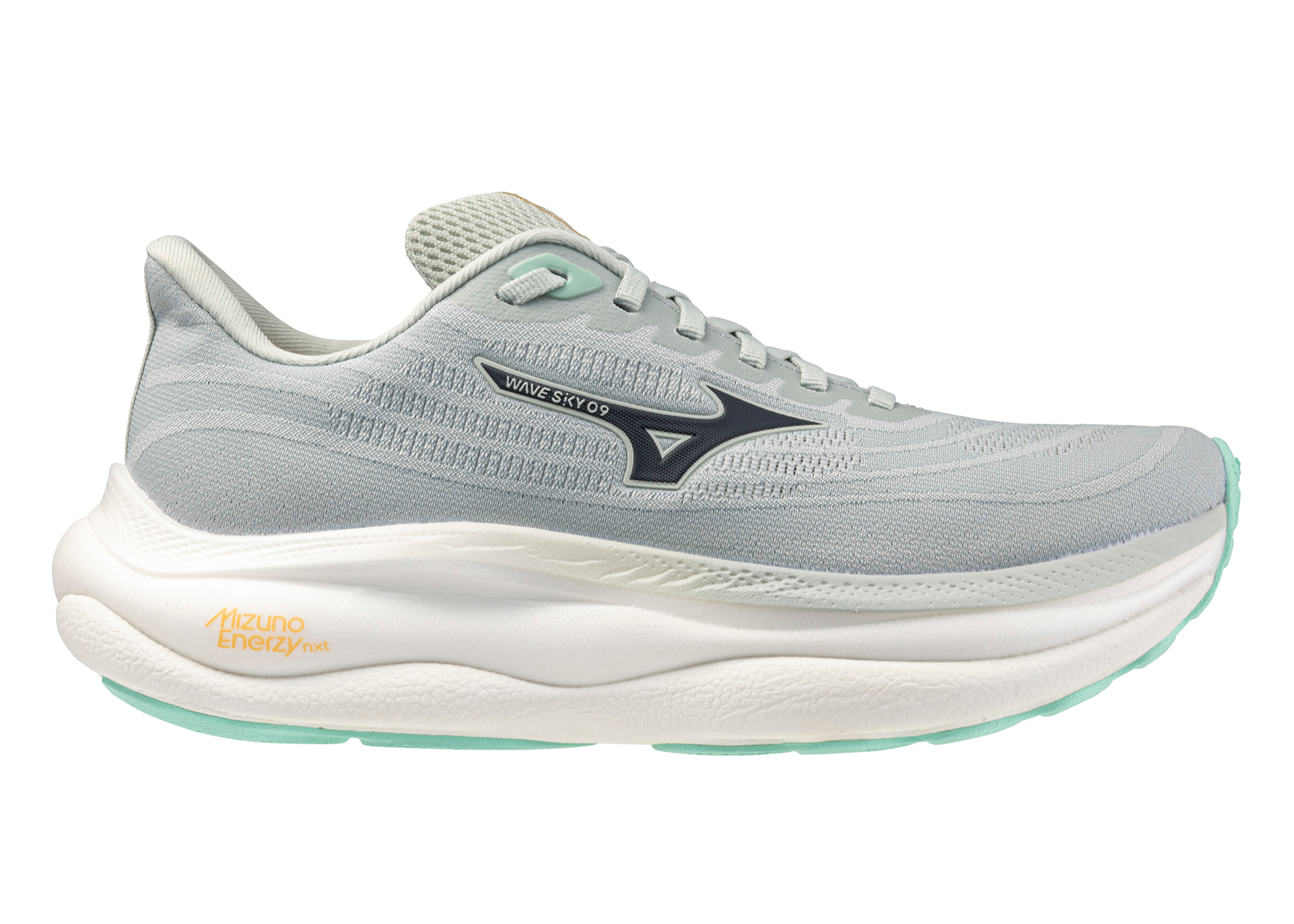 Gray running shoe with white sole on a white background