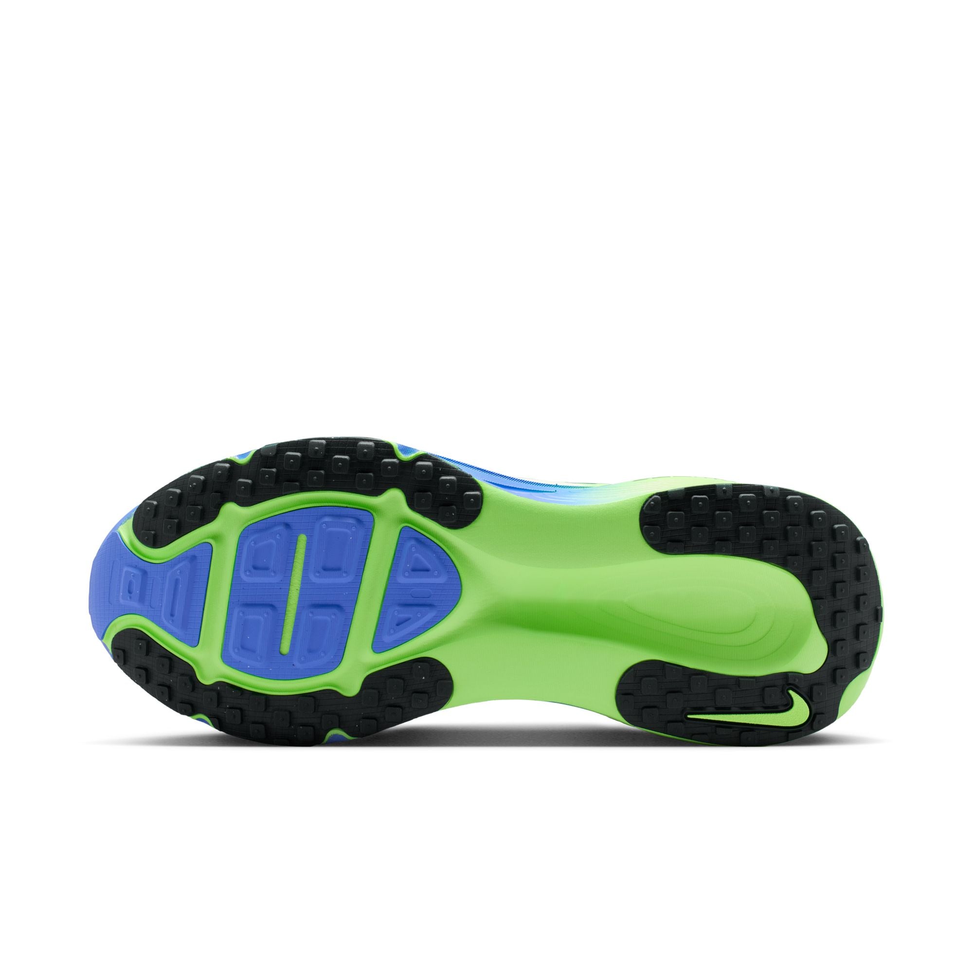 Green and black athletic shoe sole on a white background