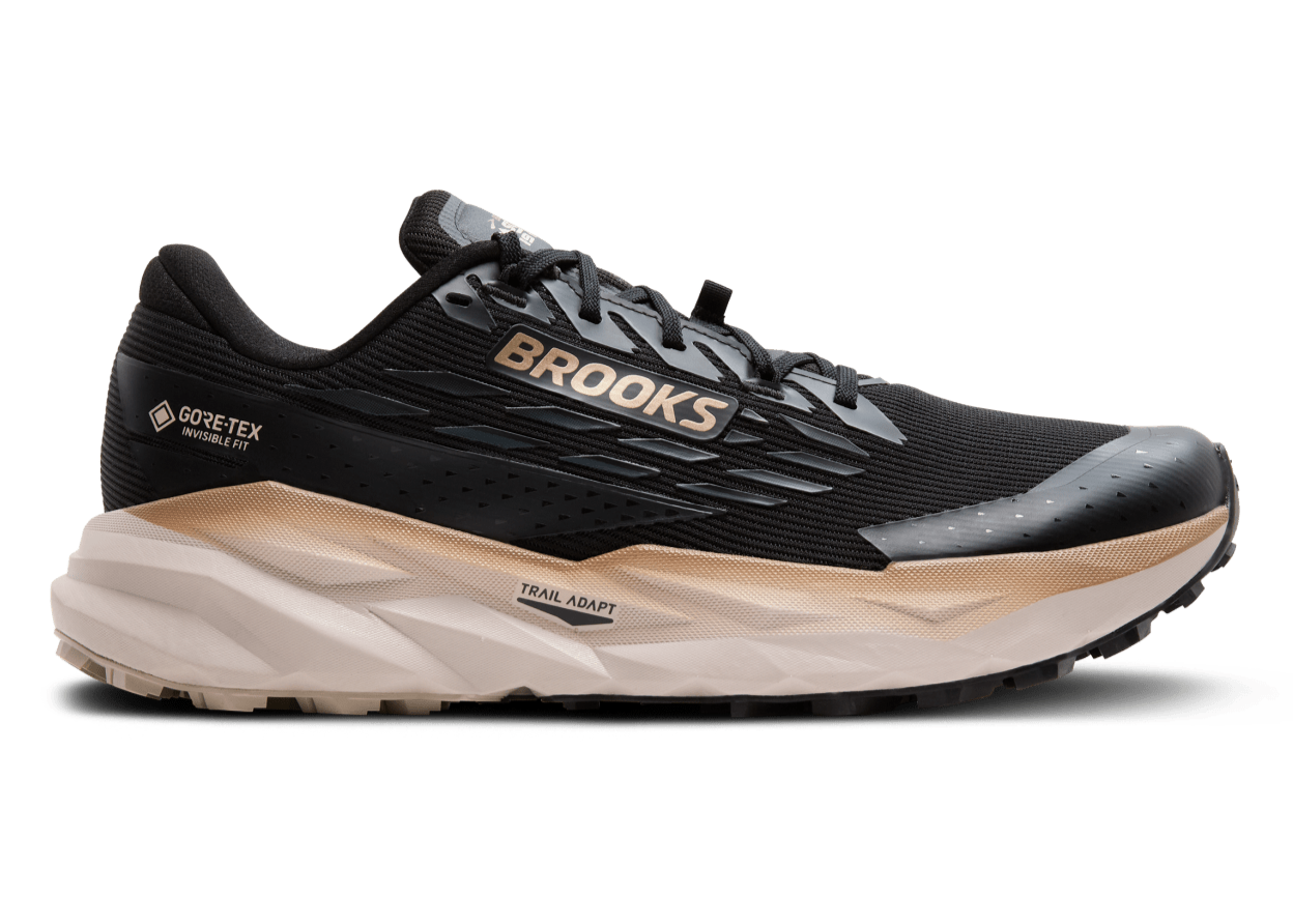 Black running shoe with 'Brooks' branding on a white background