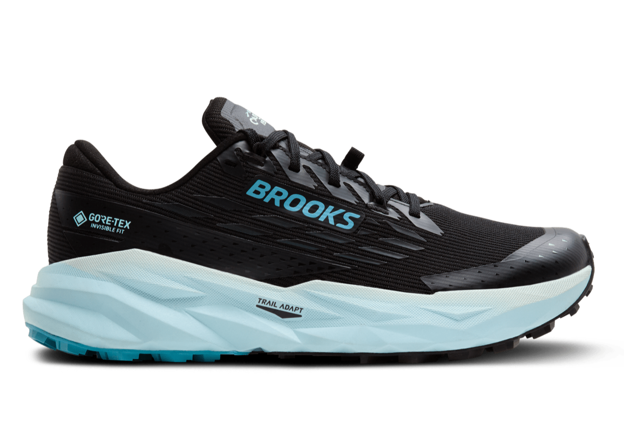 Black and blue running shoe with 'Brooks' branding on a white background