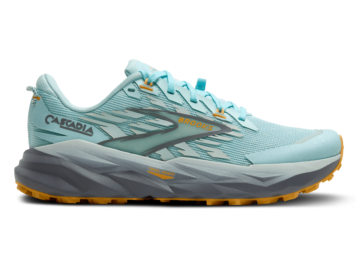 Light blue running shoe with gray sole on a white background