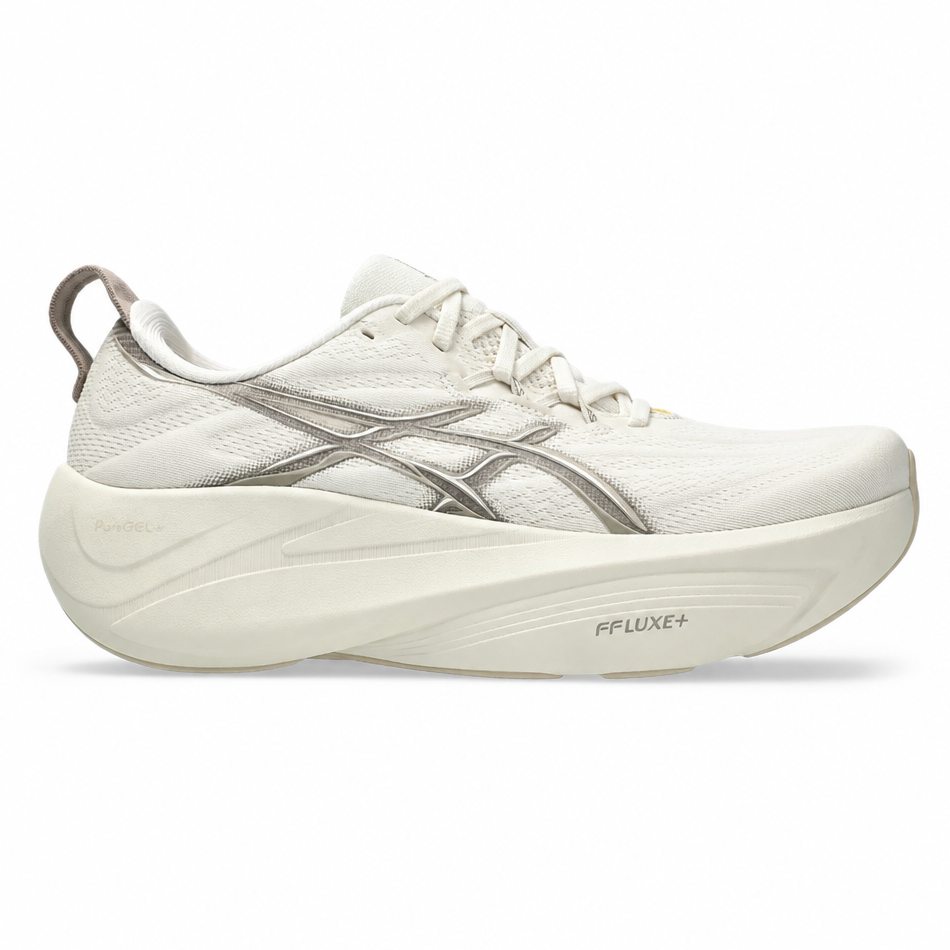 A white Asics running shoe with metallic silver accents on the side stripes and heel, featuring a thick cushioned sole with 'Asics' and 'FFLUXE+' branding, shown against a plain white background.
