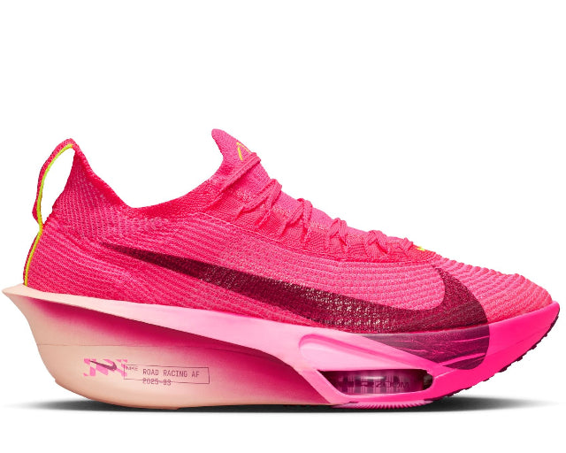 Pink running shoe with a black swoosh logo on a white background