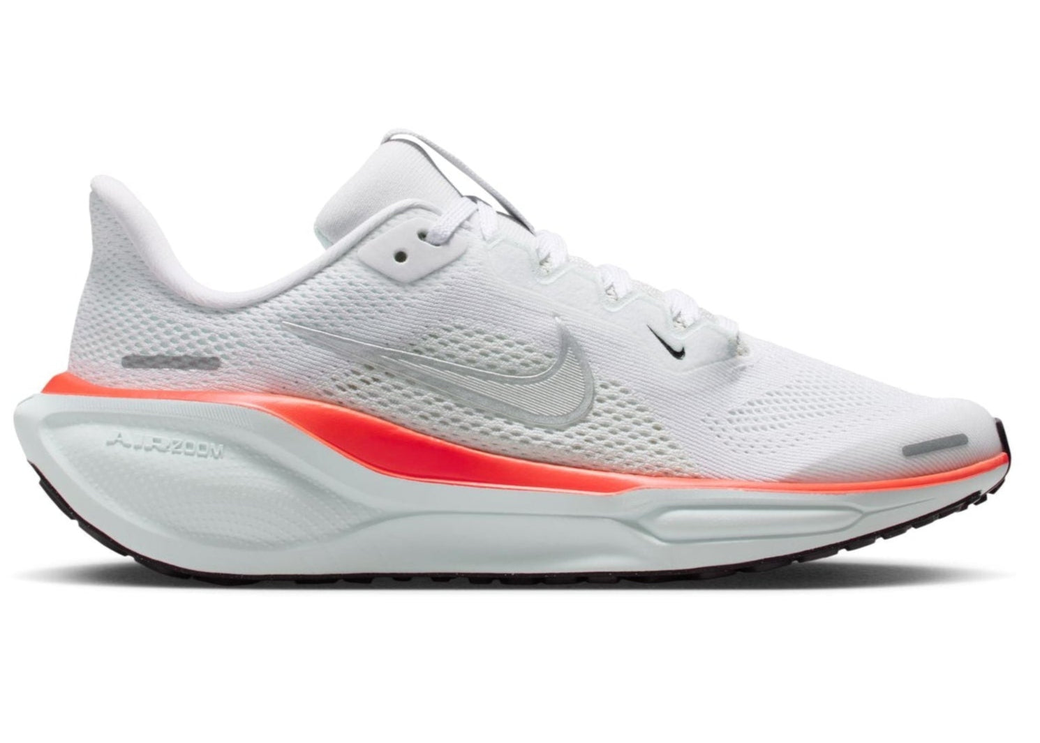 White running shoe with red sole on a white background