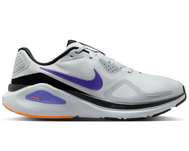White running shoe with purple swoosh logo on a white background
