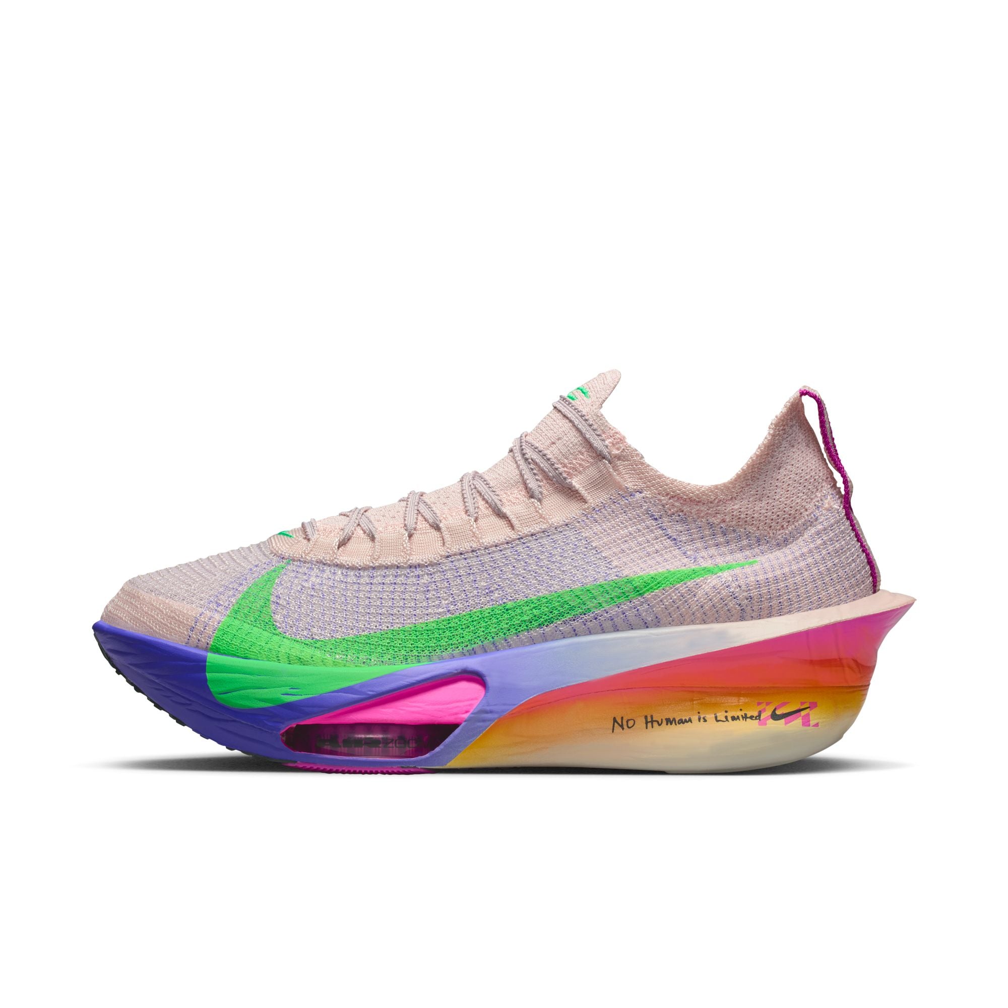 Multicolored sneaker with a colorful sole on a white background