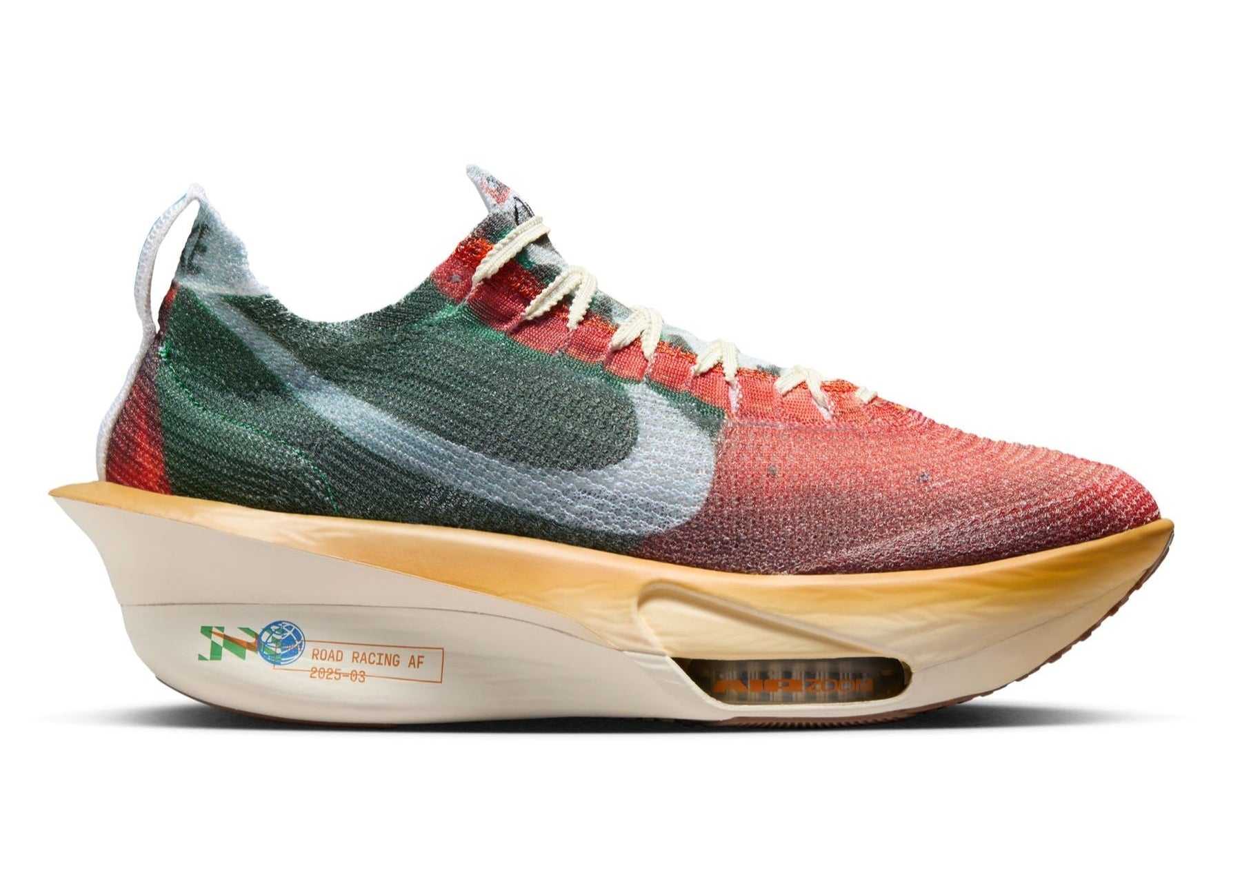 Multicolored sneaker with a prominent Nike logo on a white background