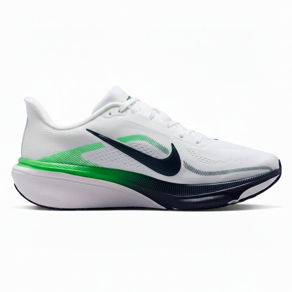 A Nike running shoe in white with a dark navy blue Swoosh and a bright green accent on the midsole and side, shown against a plain white background.