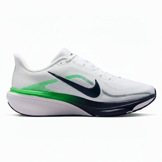 A Nike running shoe in white with a dark navy blue Swoosh and a bright green accent on the midsole and side, shown against a plain white background.
