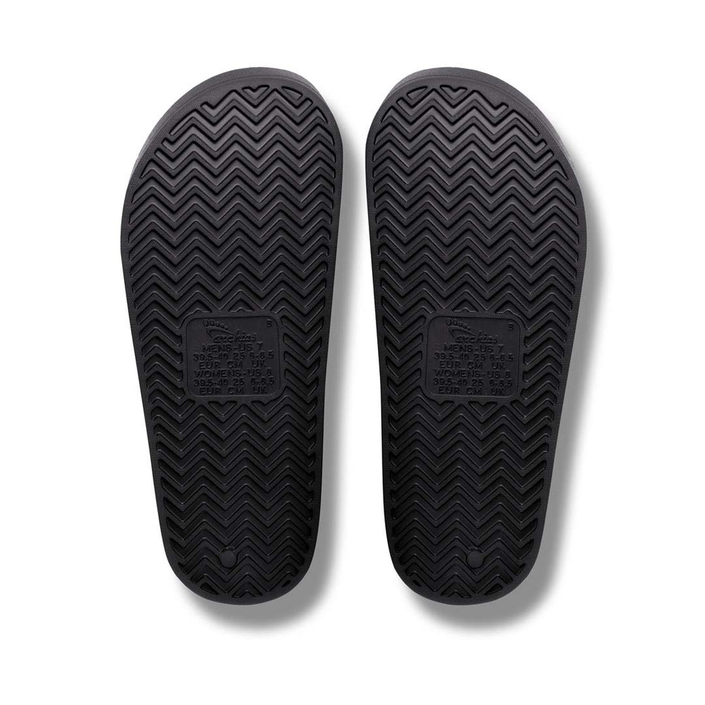 Black rubber sandals with tread pattern on a white background
