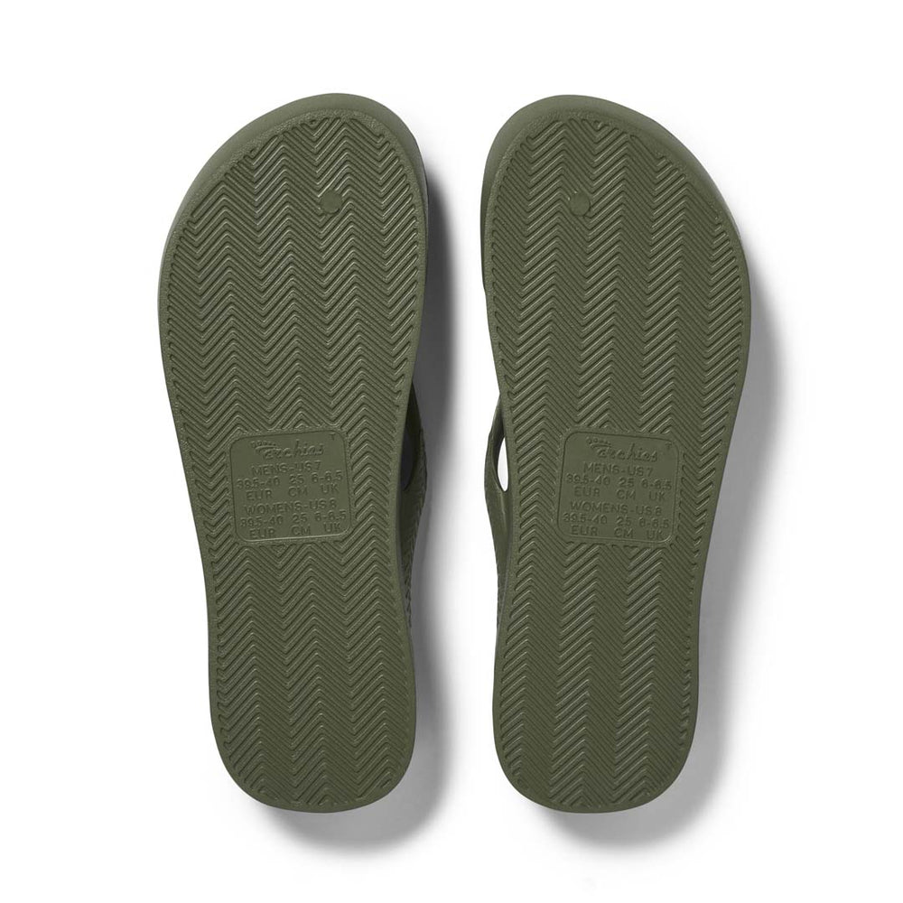 Green flip-flops with textured sole on a white background