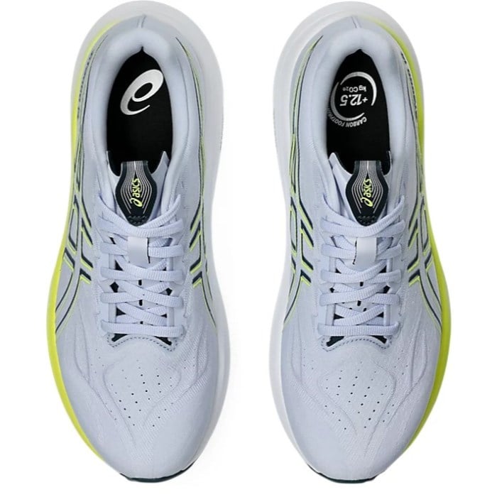 White running shoes with black and yellow accents on a white background