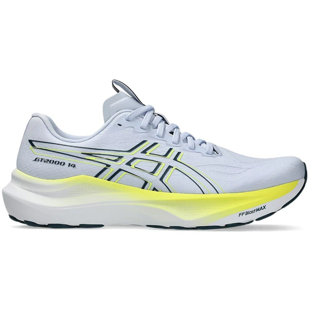 White running shoe with yellow sole on a white background
