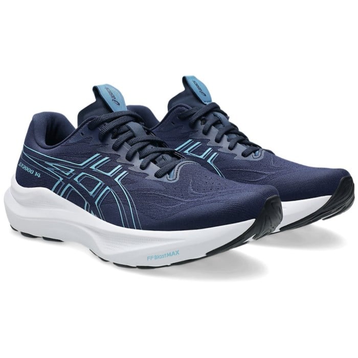 Pair of blue running shoes with white soles on a white background