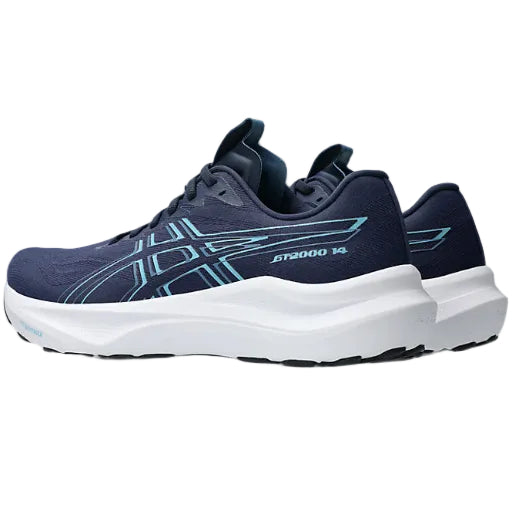 Navy running shoe with white sole on a white background