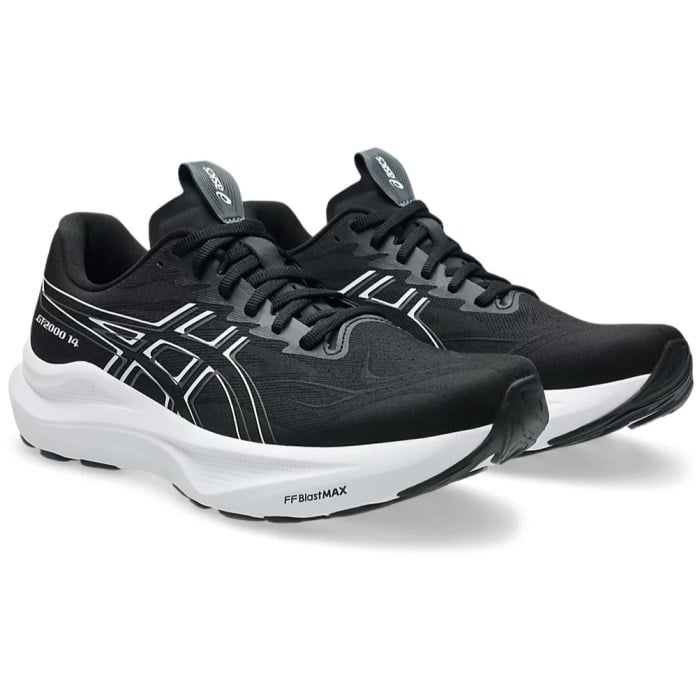 Black running shoes with white soles on a white background