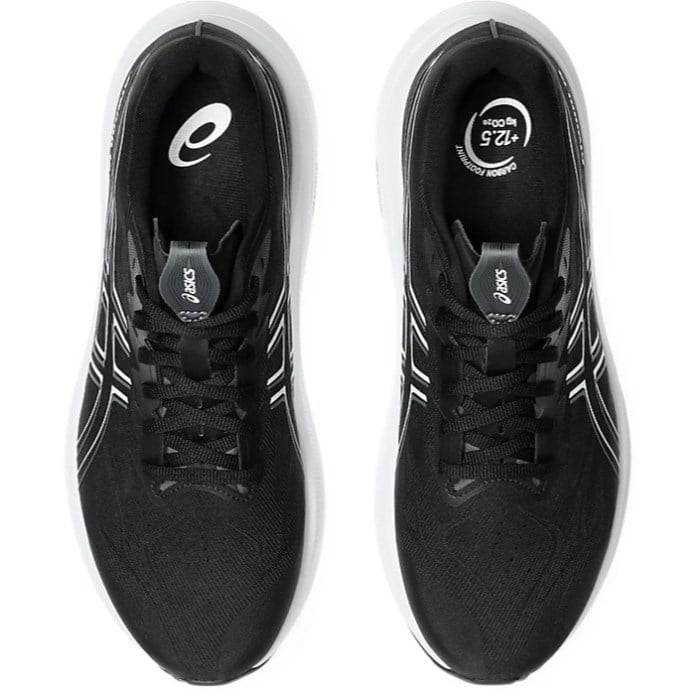 Black running shoes with white sole on a white background