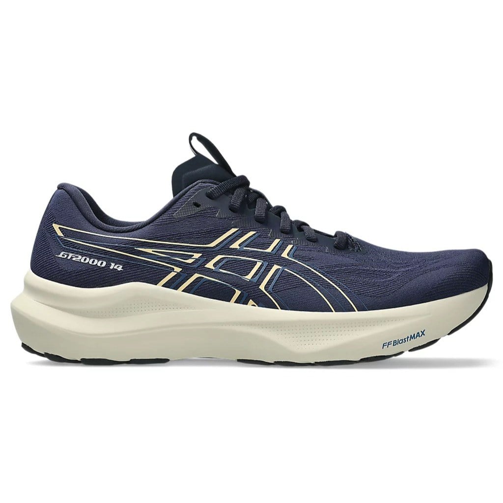 Navy running shoe with white sole on a white background