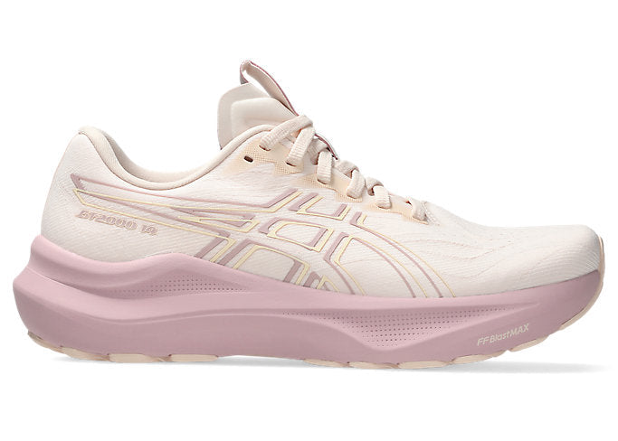 White and pink running shoe on a white background