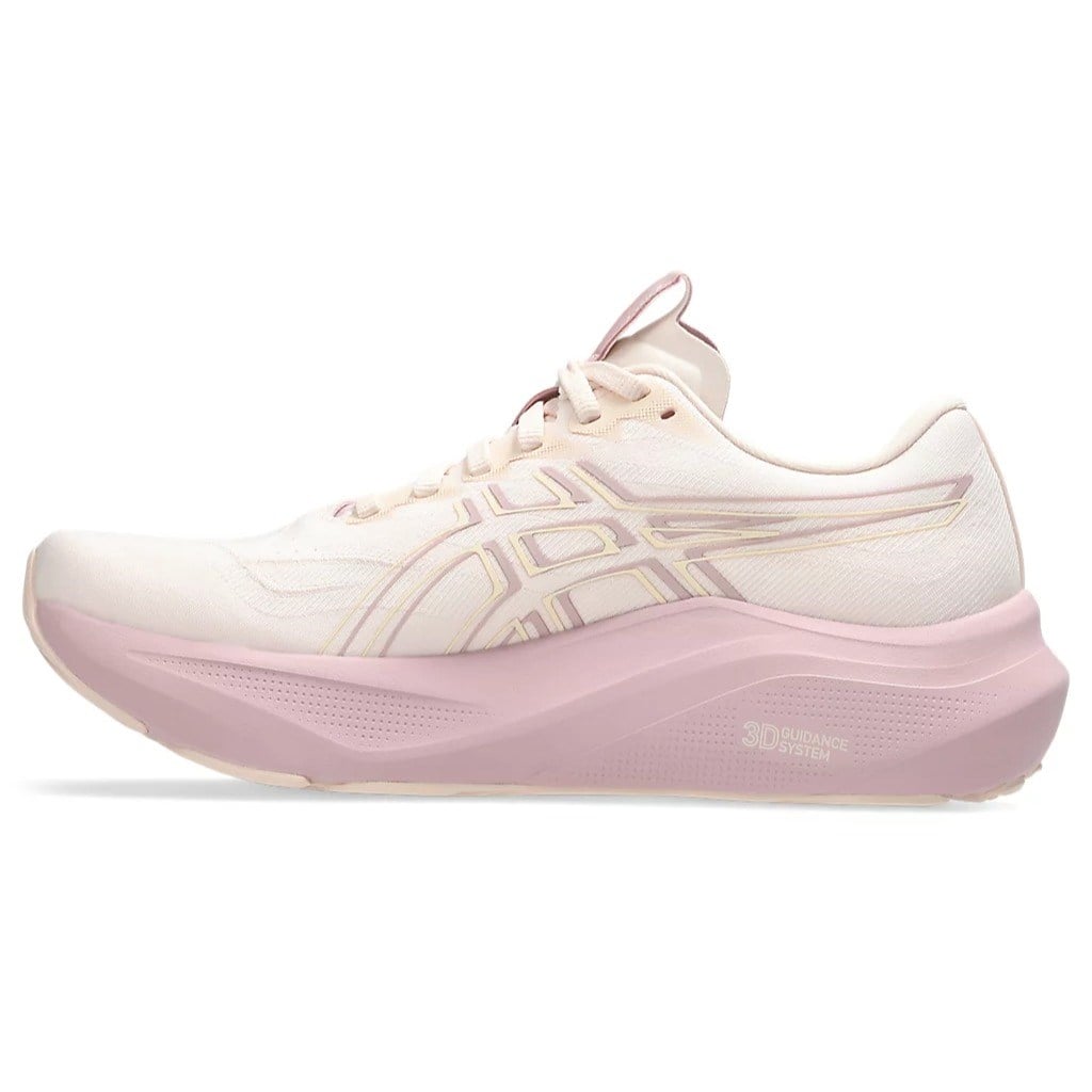 White and pink running shoe on a white background