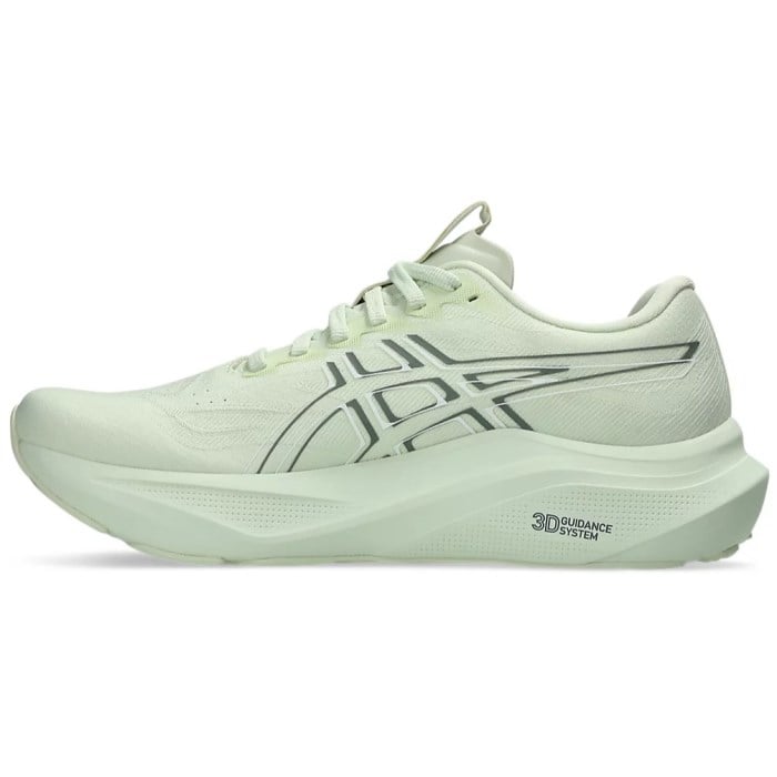 Light green running shoe with black accents on a white background