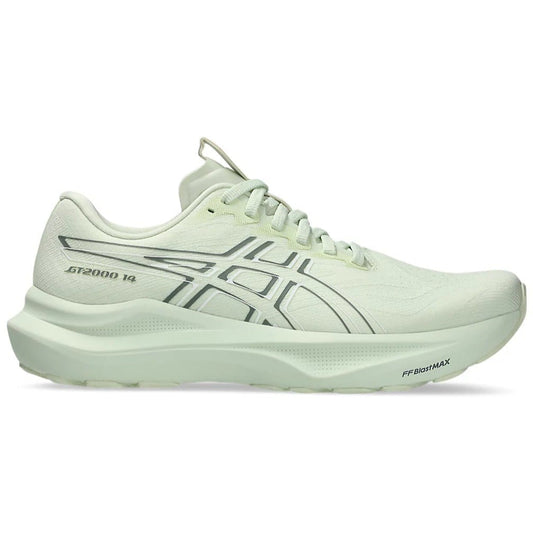 Light green running shoe with brand logo on a white background