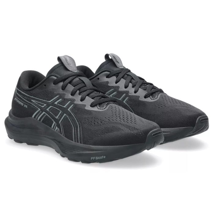 Black running shoes with visible brand logo on a white background