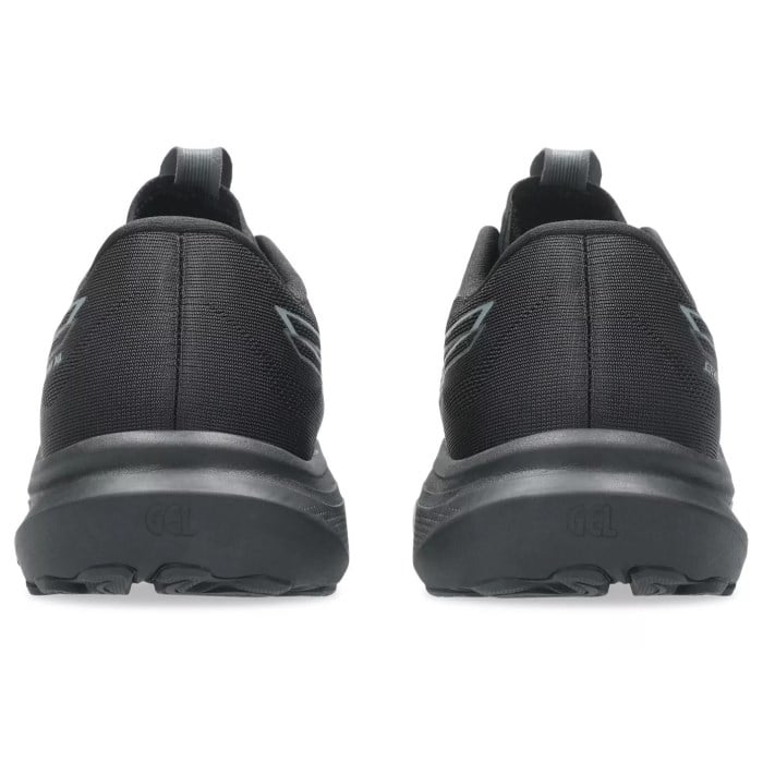Black running shoes with sole pattern on a white background