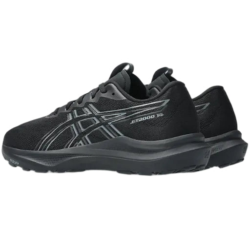 Black running shoes with gray accents on a white background