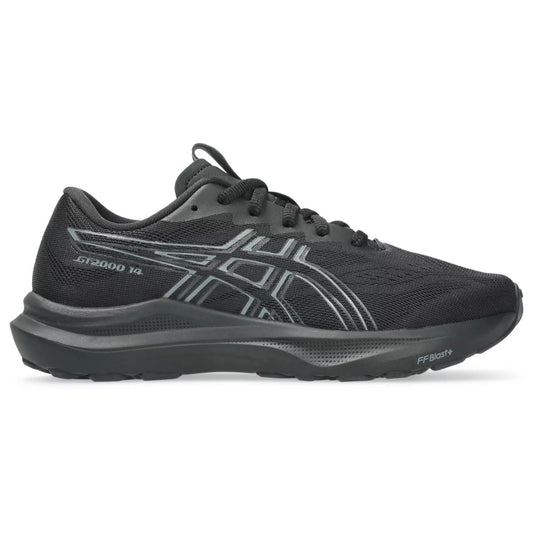 Black running shoe with gray accents on a white background