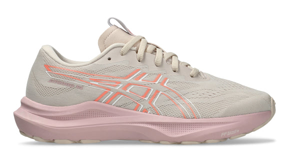 Beige and pink running shoe on a white background