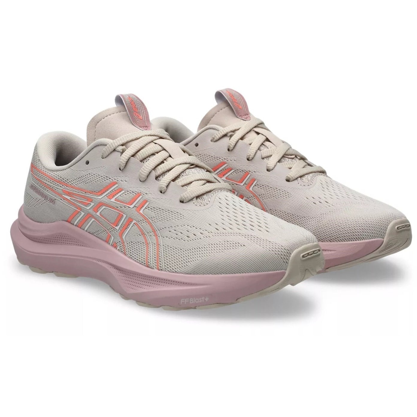 Pair of light gray and pink running shoes on a white background