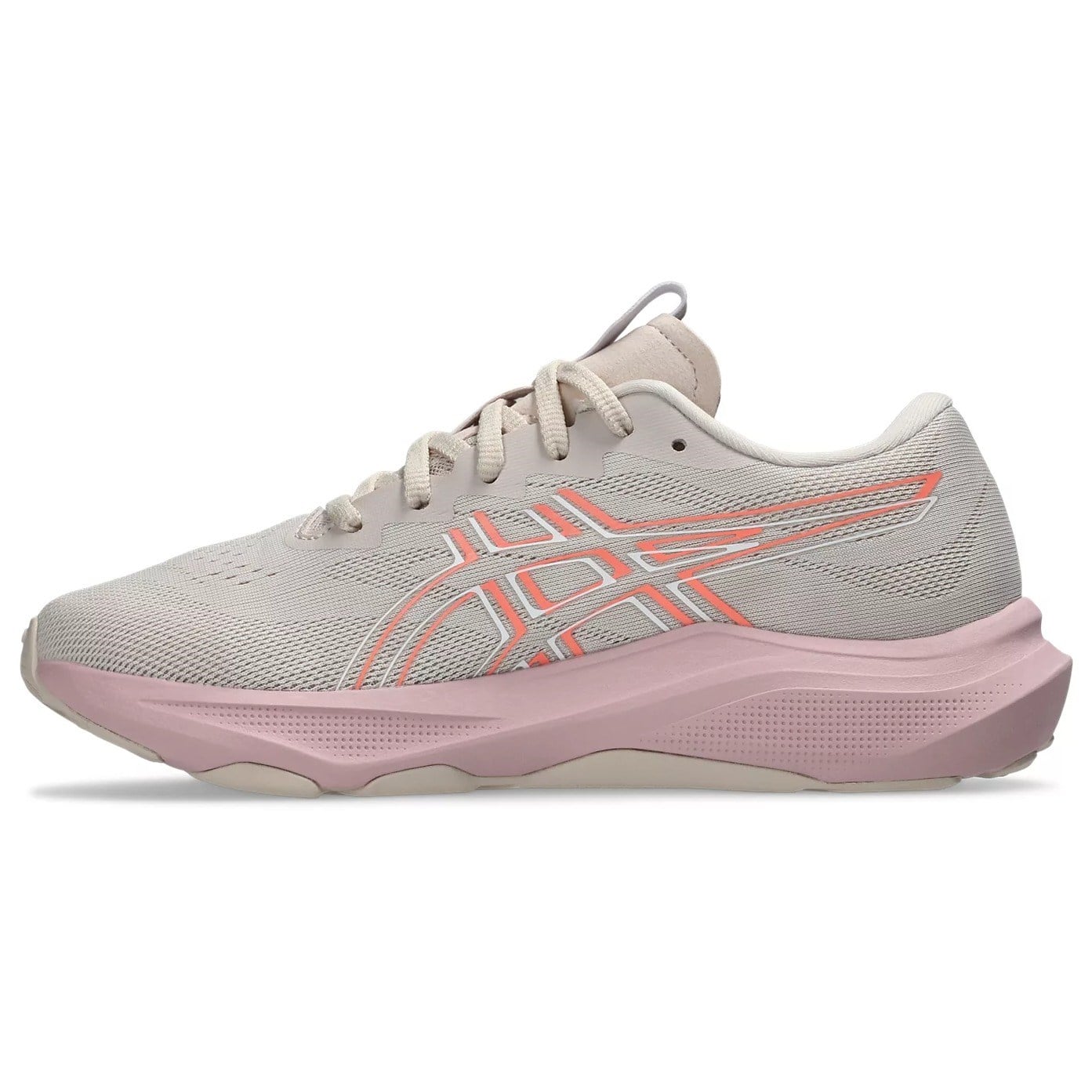 Light gray and pink running shoe on a white background