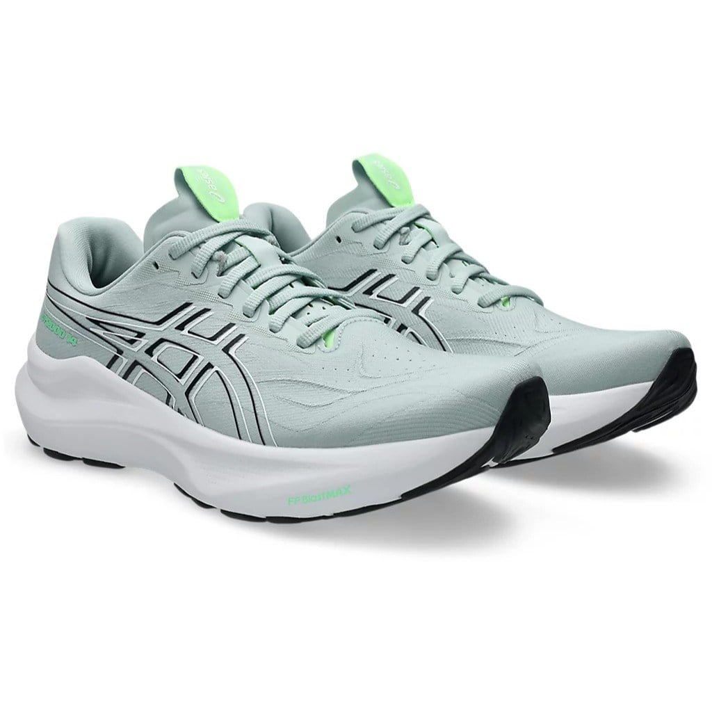 Pair of light gray running shoes with white soles on a white background
