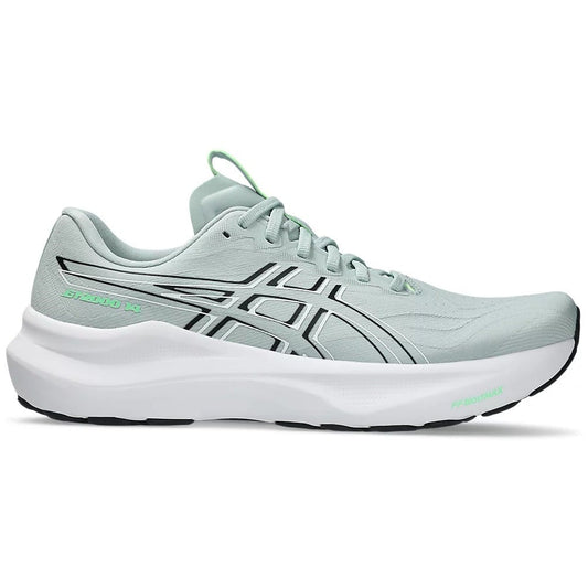 Light blue running shoe with white sole on a white background