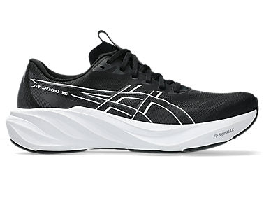 A pair of Asics running shoes in black and white, featuring the brand's signature stripe design on the side, black laces, and a thick white midsole.