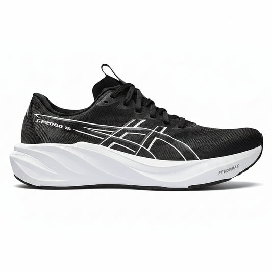 A black ASICS running shoe with a thick white midsole and white logo details, shown from a side profile on a light gray background.
