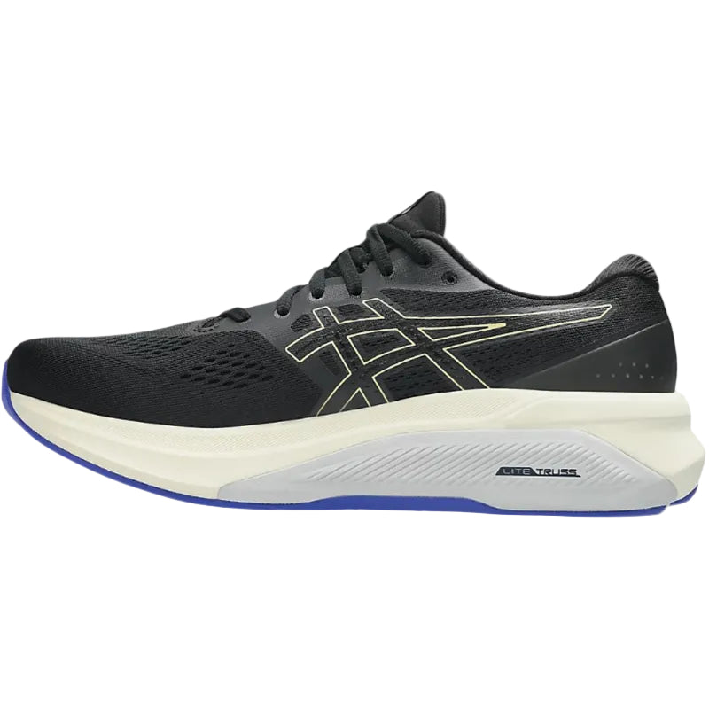 Black running shoe with white sole on a white background