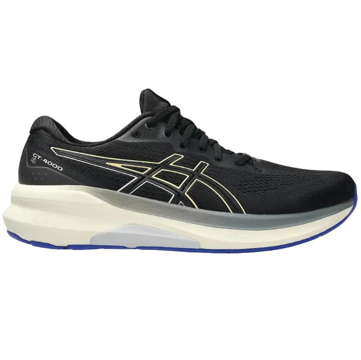 Black running shoe with white sole on a white background