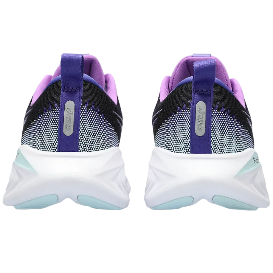 Purple and black running shoes with white soles on a white background