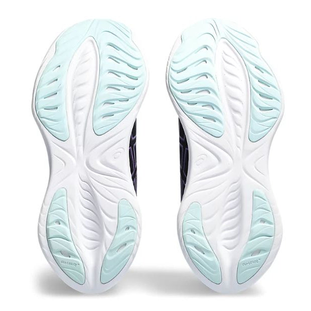 Black and purple running shoe with white sole on a white background