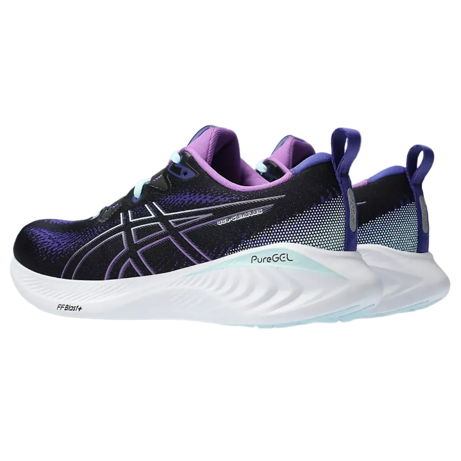 Purple running shoe with white sole on a white background
