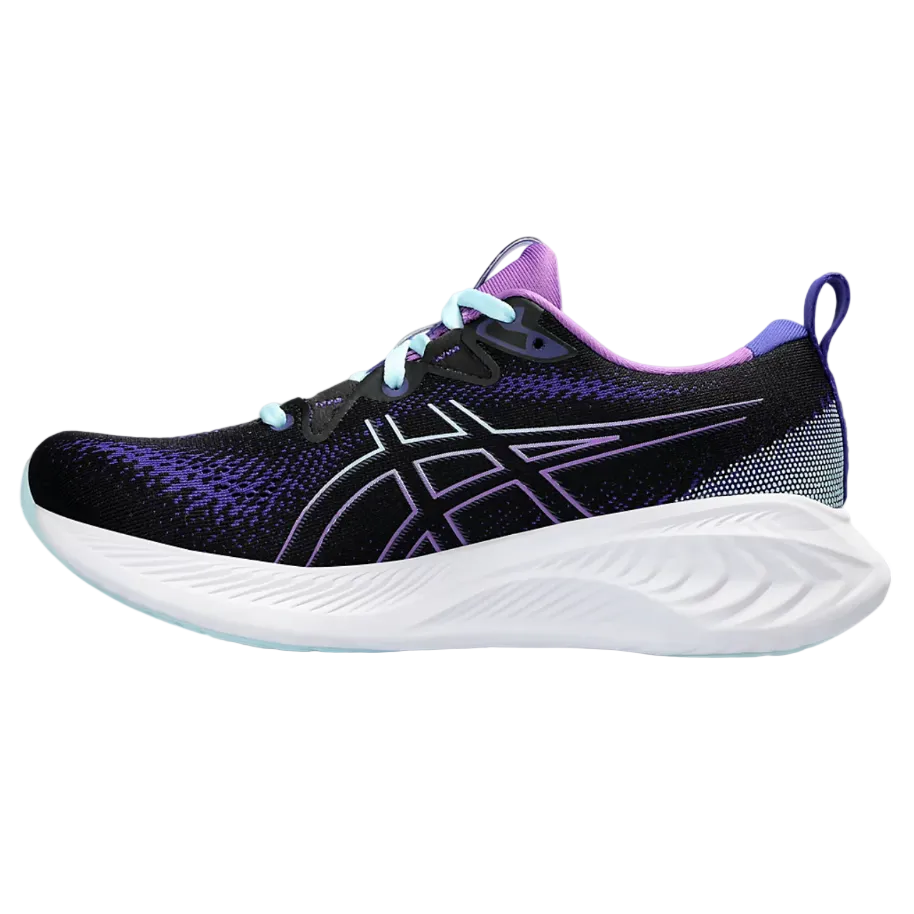 Black and purple running shoe with white sole on a white background