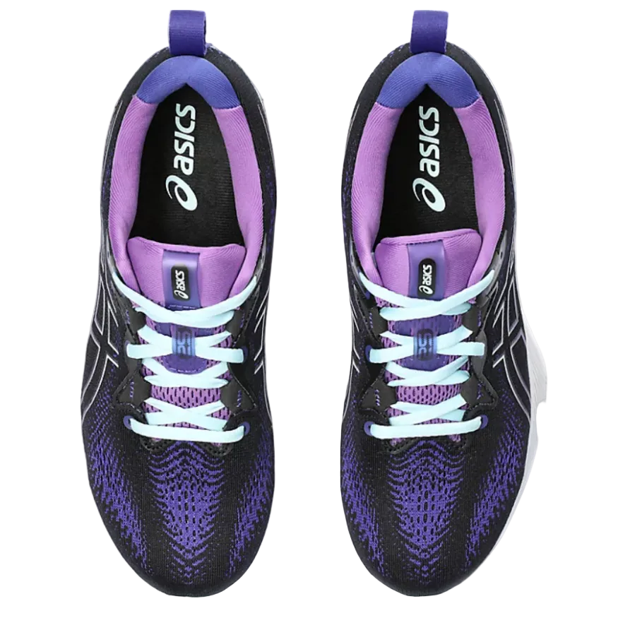 Pair of purple and black Asics running shoes on a white background